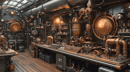 vintage steampunk workshopintricate machinery and steampowered inventions a tinkerers paradise fille Generative AI