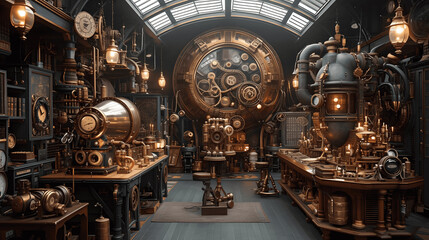 Victorianera laboratory with steampunk inventionstime machines and etheric devices An inventors sanc Generative AI - obrazy, fototapety, plakaty