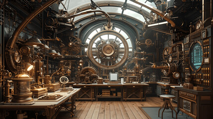 Victorianera laboratory with steampunk inventionstime machines and etheric devices An inventors sanc Generative AI