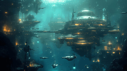 underwater alien citybioluminescent structures and floating aquatic creatures an ethereal and serene Generative AI