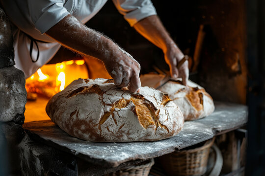 Baker Pulling Fresh Golden-Brown Loaves from Stone Oven