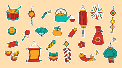 Chinese New Year Decoration Vector Icon Set, Chinese New Year Lantern, Chinese New Year Element Illustration, Chinese New Year Vector Decorations: Festive Designs for 2024 Celebrations