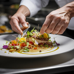 A close-up of a chefs hands assembling a dish.