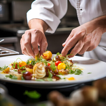 A close-up of a chefs hands assembling a dish.