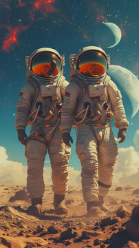  astronauts in a desert, planets and stars in background
