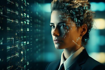 businesswoman in metaverse, digital transformation conceptual for next generation technology era