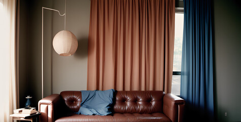 Rustic Serenity: Dark Peach and Light Indigo Vibes Enrich a Brown Couch with Drapes and Pendant Lamp