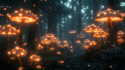 luminous fungal forestbioluminescent creatures and spore mists an eerie yet captivating forest where Generative AI