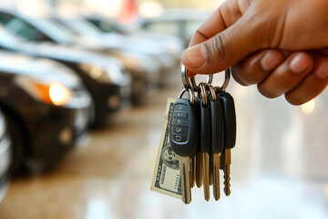 Hand holding car keys on background of salon. Concept of car loan, choice, purchase or rent - obrazy, fototapety, plakaty