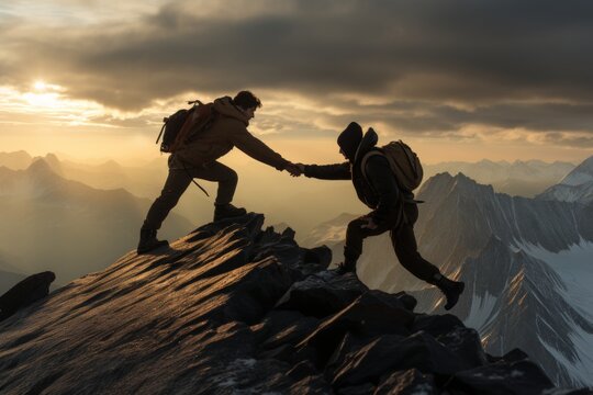 Powerful teamwork. collaboratively scaling the summit, helping a friend reach the mountain top