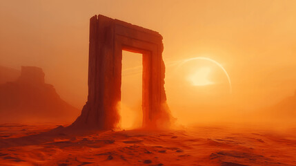interdimensional gateway in a deserttravelers from various worlds and times a solitary archway stand Generative AI