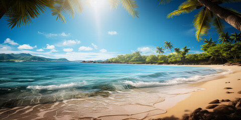 Fototapeta na wymiar Tropical paradise beach with golden sand, lush palm trees, and clear blue ocean waters under a bright sun with a soft lens flare effect