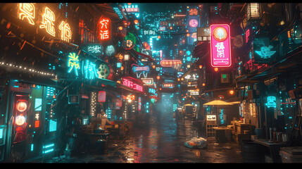 futuristic cyberpunk alleywayneonsign covered buildings and holographic advertisements a scene pulsa Generative AI