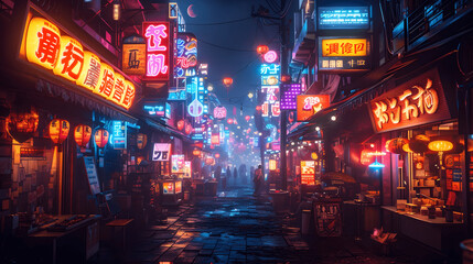 Fototapeta na wymiar futuristic cyberpunk alleywayneonsign covered buildings and holographic advertisements a scene pulsa Generative AI