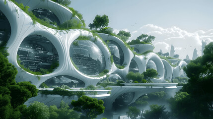 futuristic city with vertical gardens and aerial walkwayscitizens harmonizing with nature and techno Generative AI
