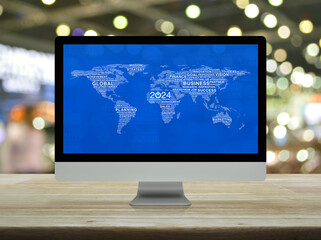 Start up business icon with global words world map on computer screen on table over blur shopping mall, Happy new year 2024 global business start up online, Elements of this image furnished by NASA