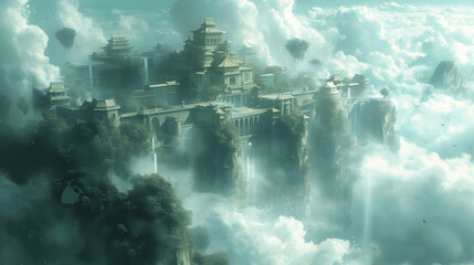 ethereal palace in the cloudsskybound courts and floating gardens High above the earth a palace of d Generative AI