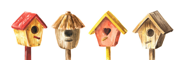 Colorful Birdhouse set. Watercolor hand drawn illustration, isolated on white background