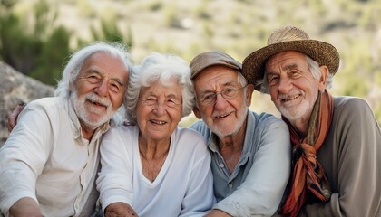 Group of Joyful Seniors Embracing Outdoors on a Sunny Day