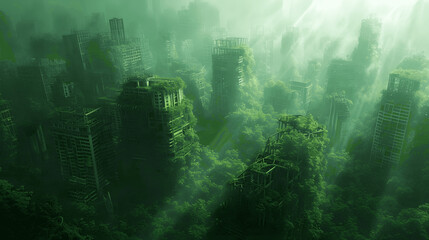 apocalyptic landscape with nature reclaiming citiessurvivors and new beginnings Amidst the ruins of  Generative AI