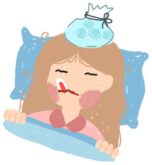 Sick cute sleep in bed with a thermometer in mouth and feel so bad with fever.