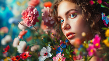 Naklejka premium Beautiful young woman with spring flowers in the garden. Beauty, fashion.