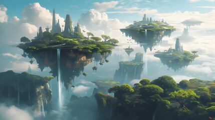 ancient floating islandsskyborne waterfalls and floating flora mystical islands suspended in the sky Generative AI