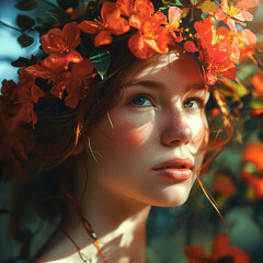 Fashion portrait of a beautiful young woman with flowers in her hair