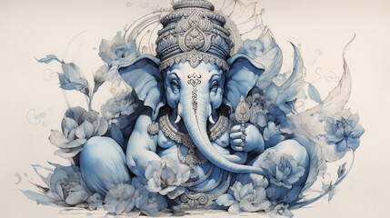 3D pencil sketch drawing of Indian god Ganesh blue tone in white background - obrazy, fototapety, plakaty