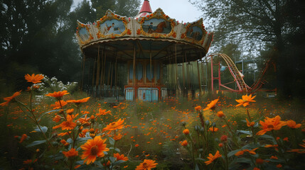abandoned amusement park reclaimed by natureghostly echoes and wild blooms Once a place of laughter  Generative AI