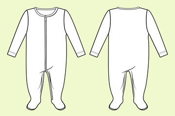 Baby Sleeping Long Sleeve Round Neck Onesie with Button Opening Fashion Template - Black and White Outline, Front and Back View Mock-Up
