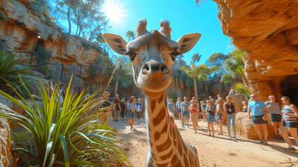 Obraz premium Giraffe on the background of a crowd of people