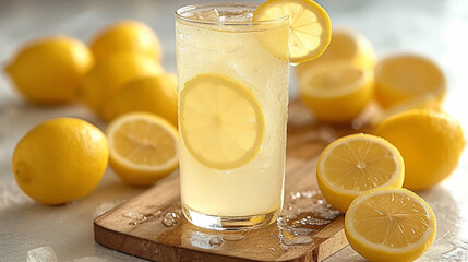 Lemonade with lemons on a wooden board