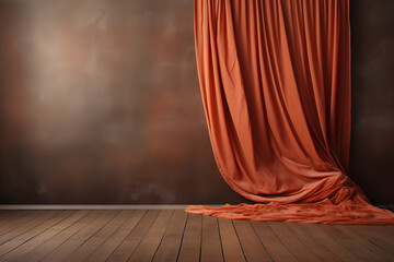 asymmetrical photo realistic salmon colored velvet curtain draped on a warm rustic wood floor, simple background, photo backdrop atmospheric, moody, photo realistic