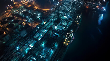 Bird's eye view, cityscape at night with industrial factory lights and shipping port along the river.