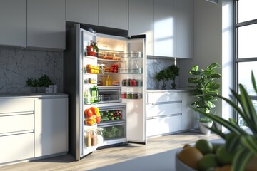 Photorealistic image showcasing an opened kitchen fridge