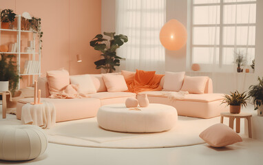 The soft sofa, the textured rug, and the pastel cushions create a soothing atmosphere that invites you to unwind. Relax in a Pastel Paradise. Created with generative AI