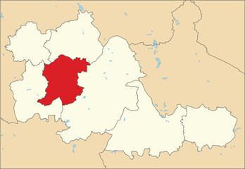 Red flat blank highlighted location map of the METROPOLITAN BOROUGH OF SANDWELL inside beige administrative local authority districts map of West Midlands, England