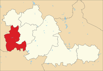 Red flat blank highlighted location map of the METROPOLITAN BOROUGH OF DUDLEY inside beige administrative local authority districts map of West Midlands, England