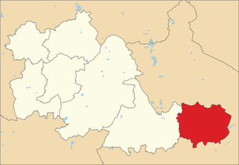 Red flat blank highlighted location map of the METROPOLITAN BOROUGH AND CITY OF COVENTRY inside beige administrative local authority districts map of West Midlands, England