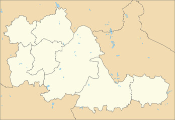 Beige flat vector metropolitan administrative map of WEST MIDLANDS, ENGLAND with black border lines and waterways of its local authority districts