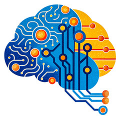 Cloud computing technology. Digital brain with circuit board.  illustration.