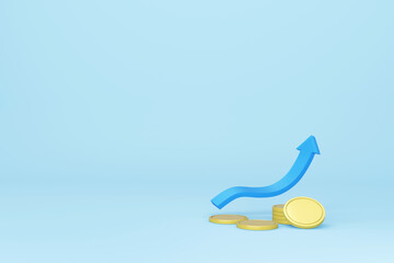 3d money coins stacks and blue arrow up pastel color on light blue background. 3d render for finance, growing business concept, 3d coins investment money earning,3d rendering