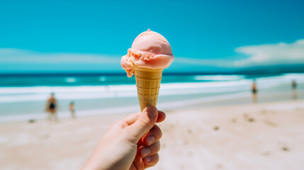 Hand holding an ice cream cone or cornet against a backdrop of the sea and beach