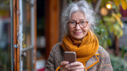 Older mature senior woman using a mobile cell phone technology to text family - obrazy, fototapety, plakaty