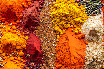 Background image of piles of colourful spices and flavourings.