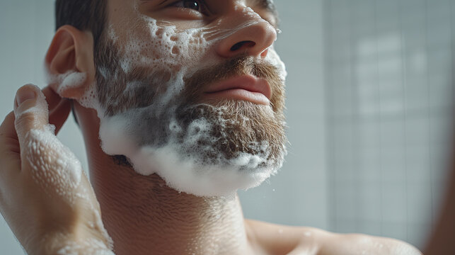 man washing his beard in the shower  - Powered by Adobe
