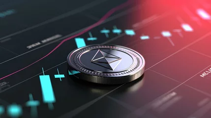 Fototapeten an Ethereum coin with diamond-shaped logo on dynamic backdrop of a financial growth chart. blockchain innovation. decentralized application. investment potential and market performance. generative AI © yj