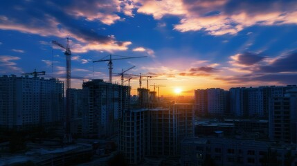 construction site and sunset , structural steel beam build large residential buildings.