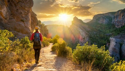 person walking in the mountains, A van traveling at sunset in nature on a canyon path for a road trip to adventure and freedom - obrazy, fototapety, plakaty